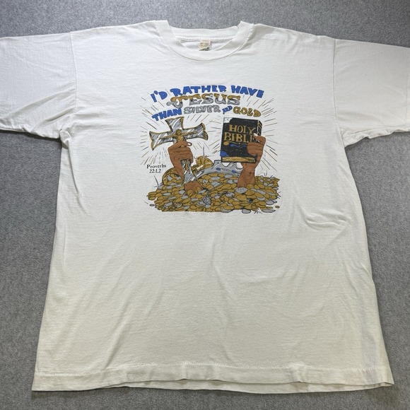 Screen Stars Other - Vintage 80s Screen Stars Blue Stripe Tag Jesus Proverbs 22:1 Single Stitch Tee L